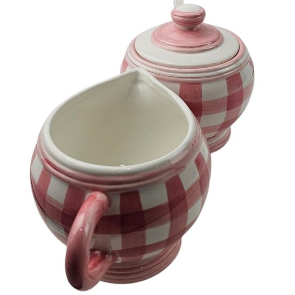 Vintage Cracker Barrel Creamer & Sugar Ceramic Pink White Gingham Plaid - Picture 2 of 11